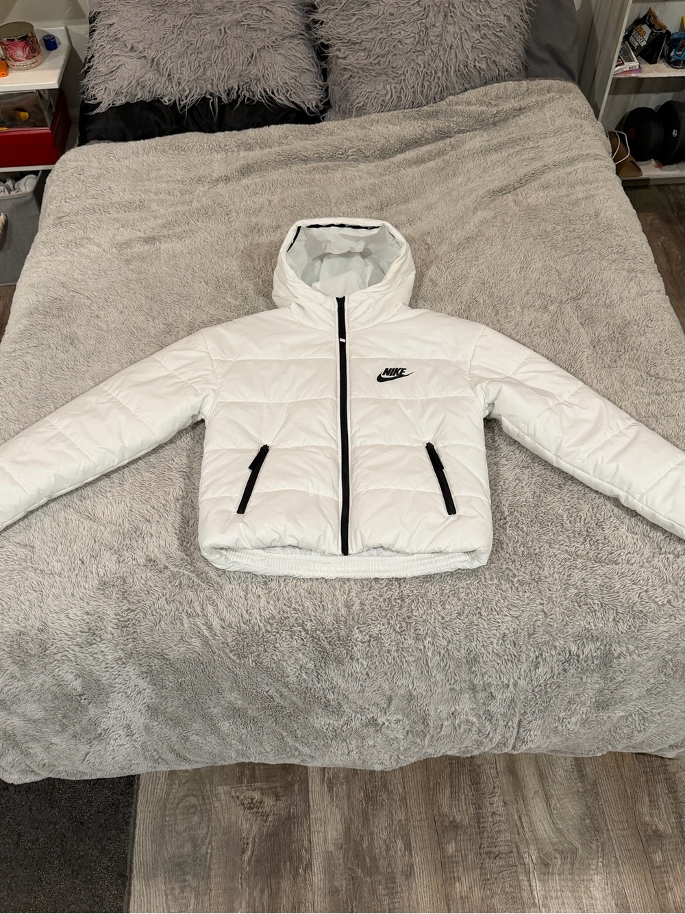 Nike White Hooded Puffer Jacket with Black Accents